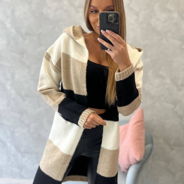 Kesi raidallinen neuletakki hupulla beige-6
