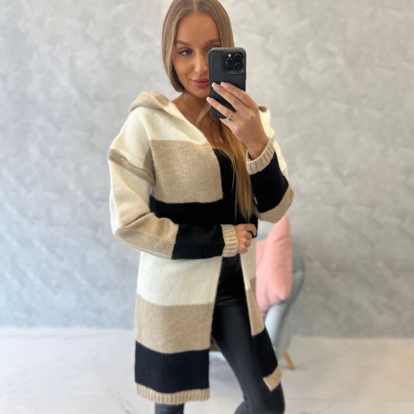 Kesi raidallinen neuletakki hupulla beige-7