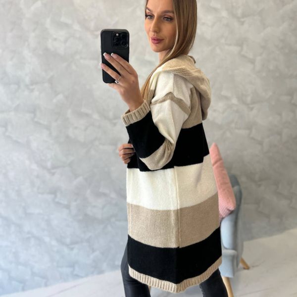 Kesi raidallinen neuletakki hupulla beige-8