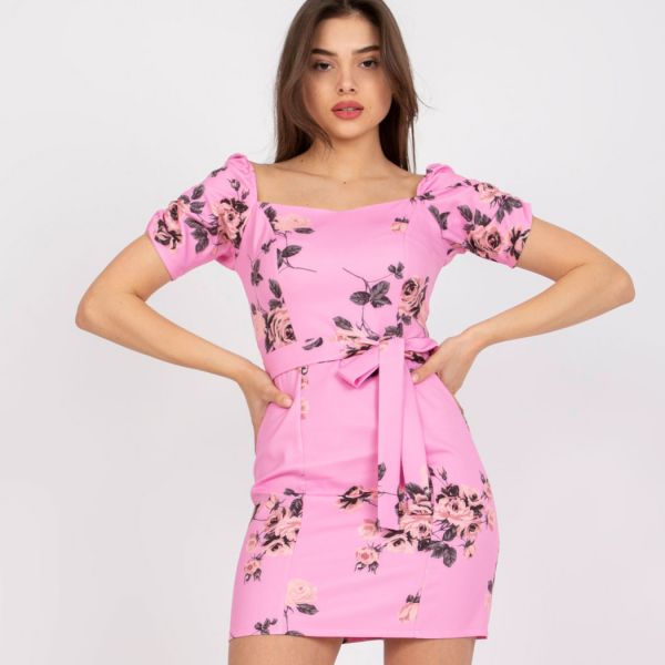 Lakerta Ilona ruusukuvioinen mekko vyöllä pinkki-1