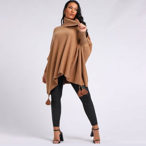 Creme Boheme Tassels neuleponcho kameli-2