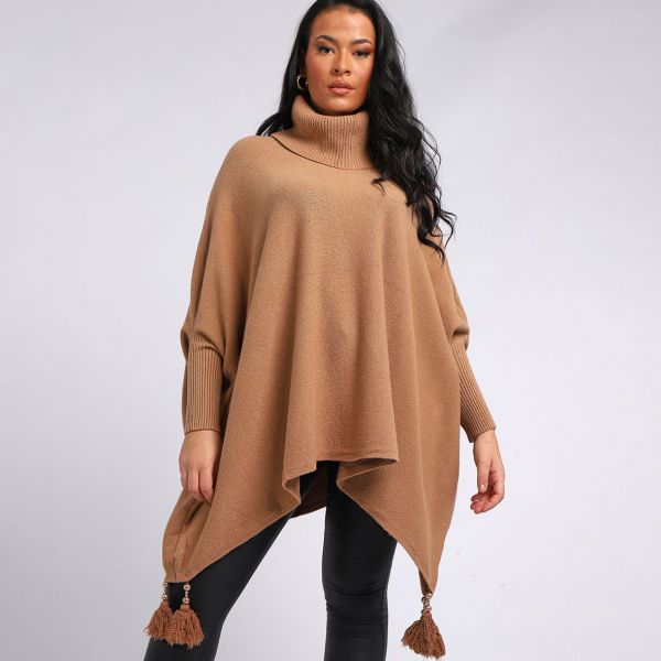 Creme Boheme Tassels neuleponcho kameli-1