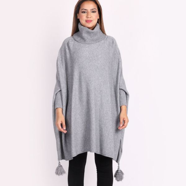 Creme Boheme Tassels neuleponcho v.harmaa-3