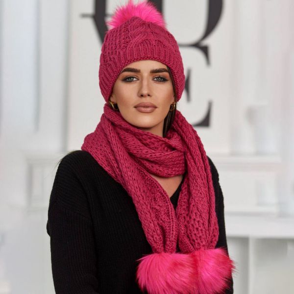 Kesi pipo ja huivi - setti fuksia