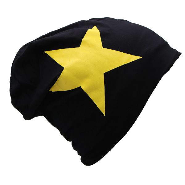 Musta trikoopipo keltaisella tähdellä